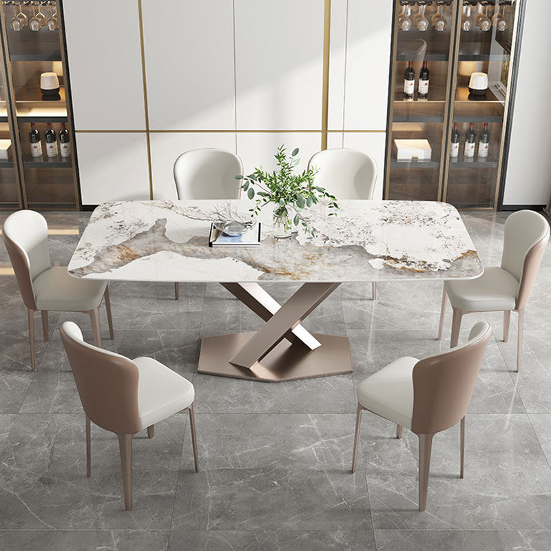 Traditional Luxury Dinner Table Rectangle Pedestal Table with Steel Base