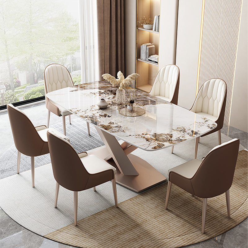 Traditional Luxury Dinner Table Rectangle Pedestal Table with Steel Base
