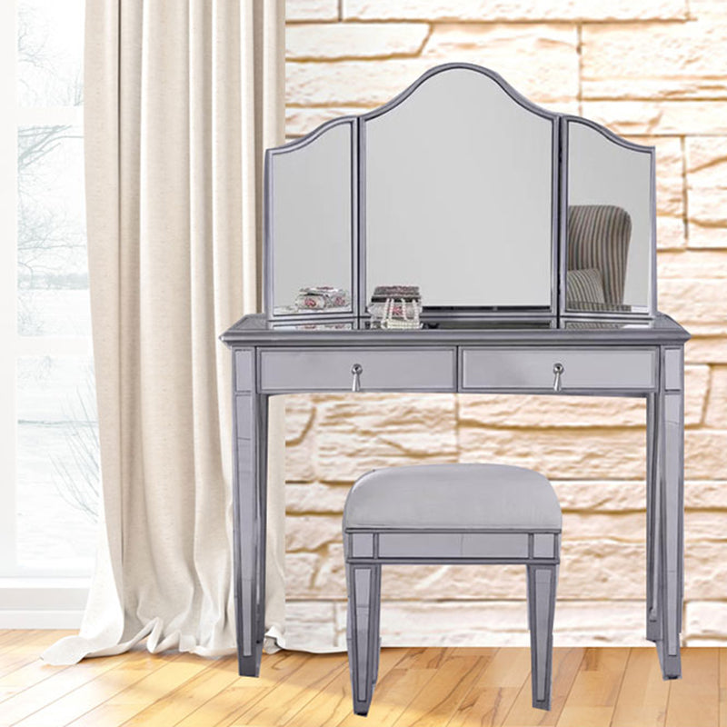 2 Drawers Mirrored Makeup Table and Stool Set Vanity for Women in Silver