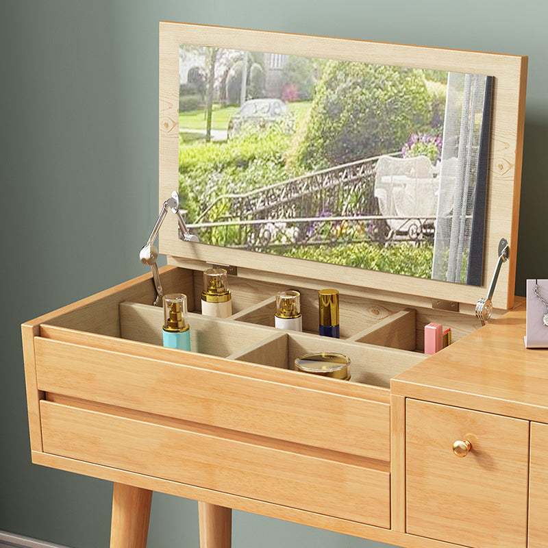 Solid Wood Mirrored Vanity Desk with 3 Drawers Flip-Top Dresser with Stool