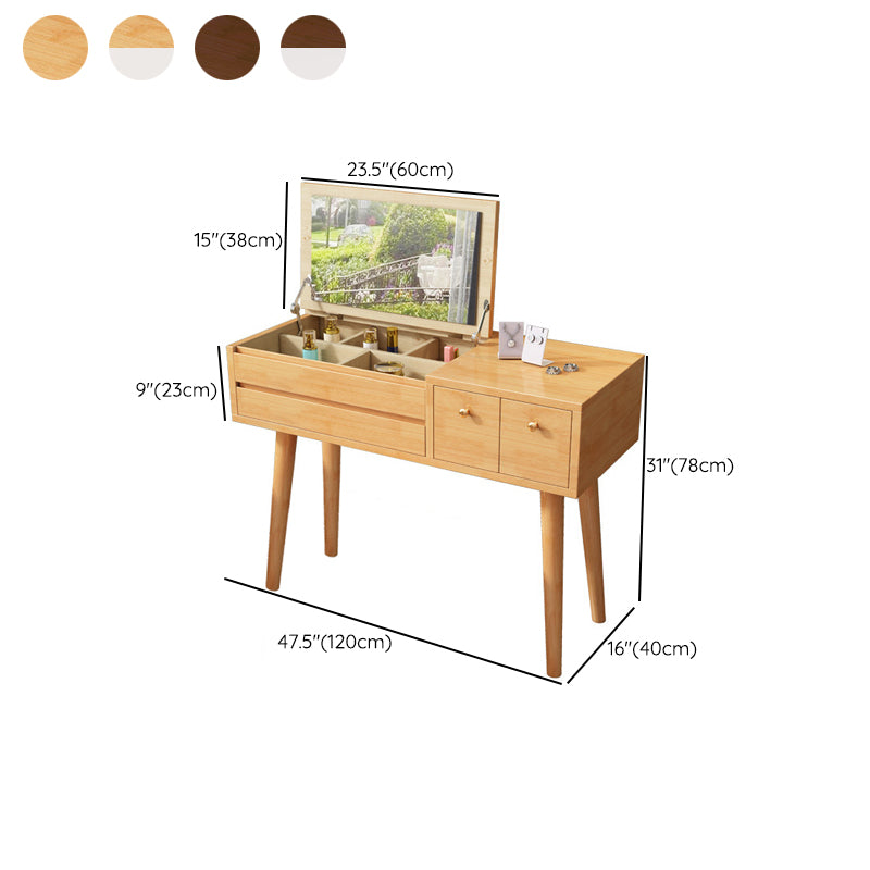 Solid Wood Mirrored Vanity Desk with 3 Drawers Flip-Top Dresser with Stool