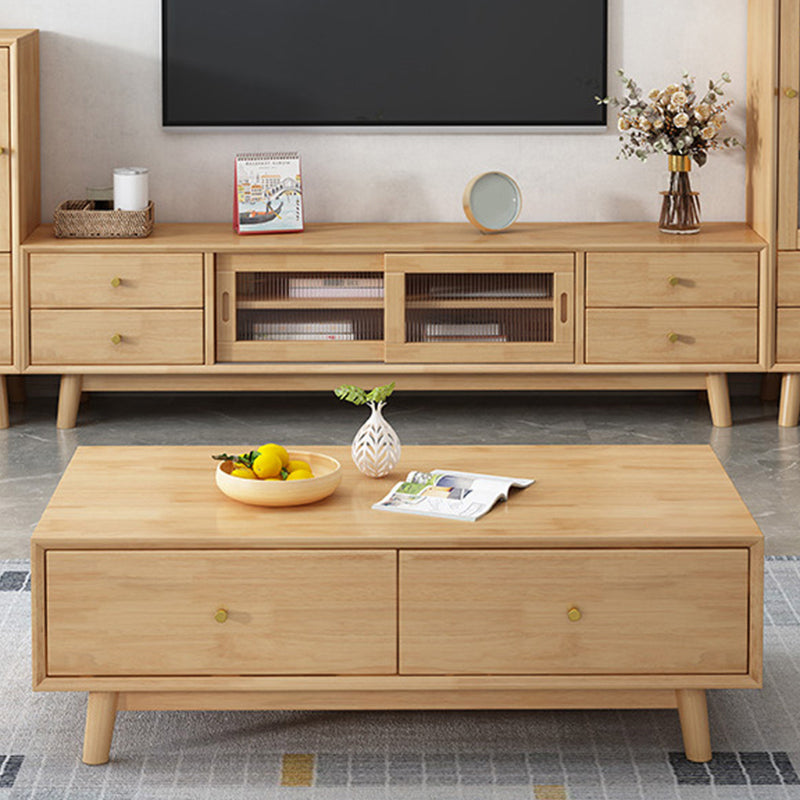 Wooden Coffee Table with 2 Drawers and 4 Wooden Legs in Brone for Living Room
