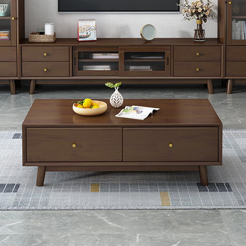 Wooden Coffee Table with 2 Drawers and 4 Wooden Legs in Brone for Living Room