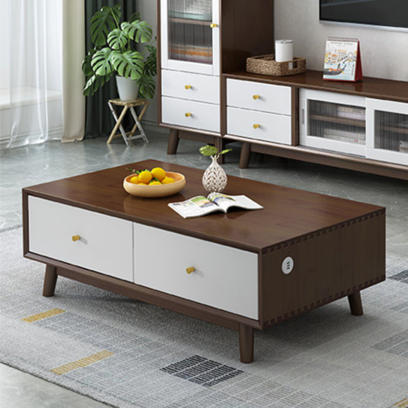 Wooden Coffee Table with 2 Drawers and 4 Wooden Legs in Brone for Living Room