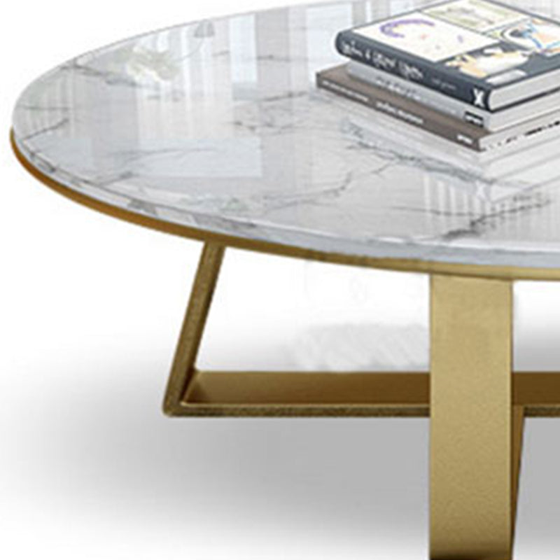 Oval Marble Top Coffee Table with Iron Cross Base Cocktail Table in White
