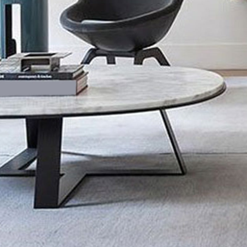 Oval Marble Top Coffee Table with Iron Cross Base Cocktail Table in White