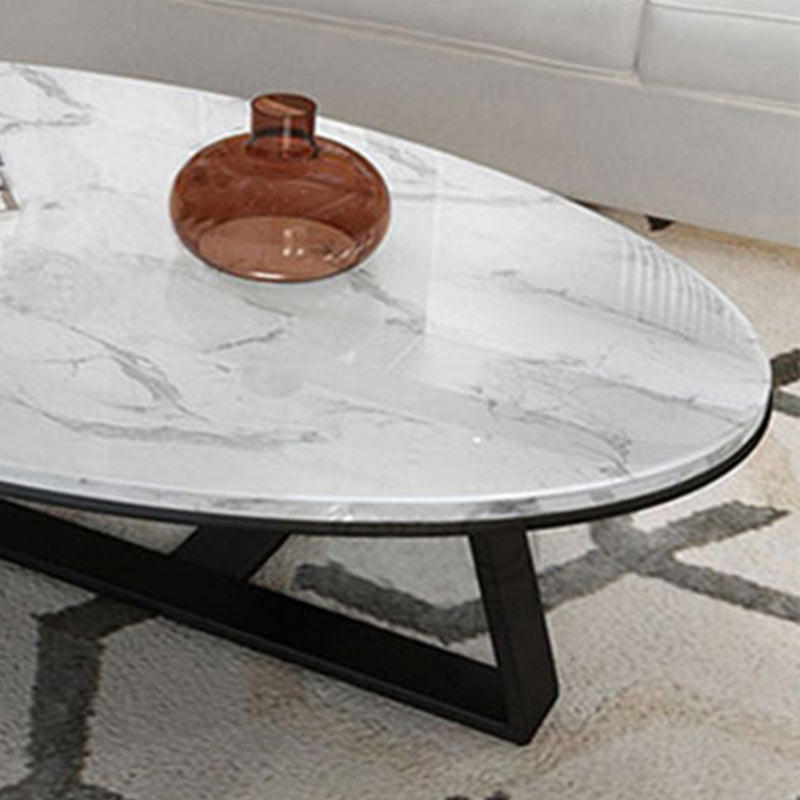Oval Marble Top Coffee Table with Iron Cross Base Cocktail Table in White