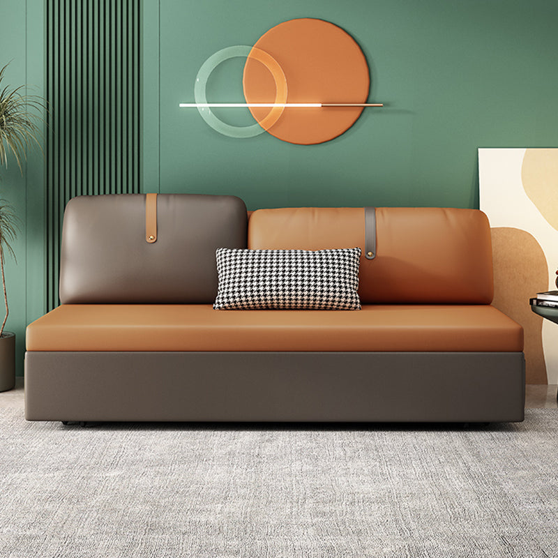 Contemporary Armless Bonded Leather Sofa Bed in Brown with Storage