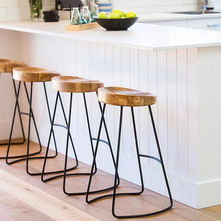 Industrial Counter Bar Stool Natural Solid Wood and Metal Saddle Seat Counter Chair