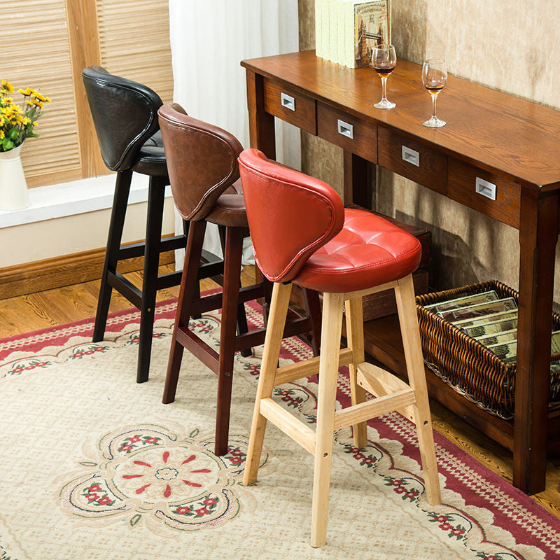 Industrial Armless Backrest Counter Stool Wood Cafe Bar Stool with Leather Cushion