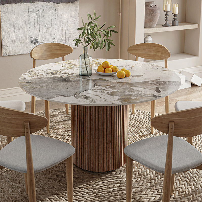 Contemporary Pedestal Table Wood Base Round Stone Dining Table for Home Kitchen