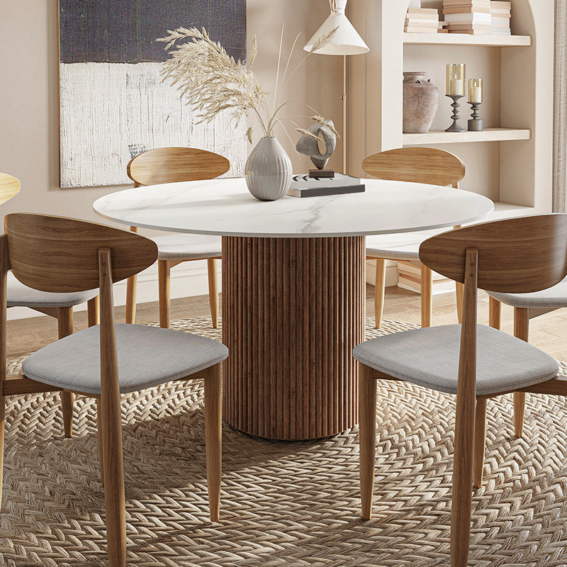 Contemporary Pedestal Table Wood Base Round Stone Dining Table for Home Kitchen