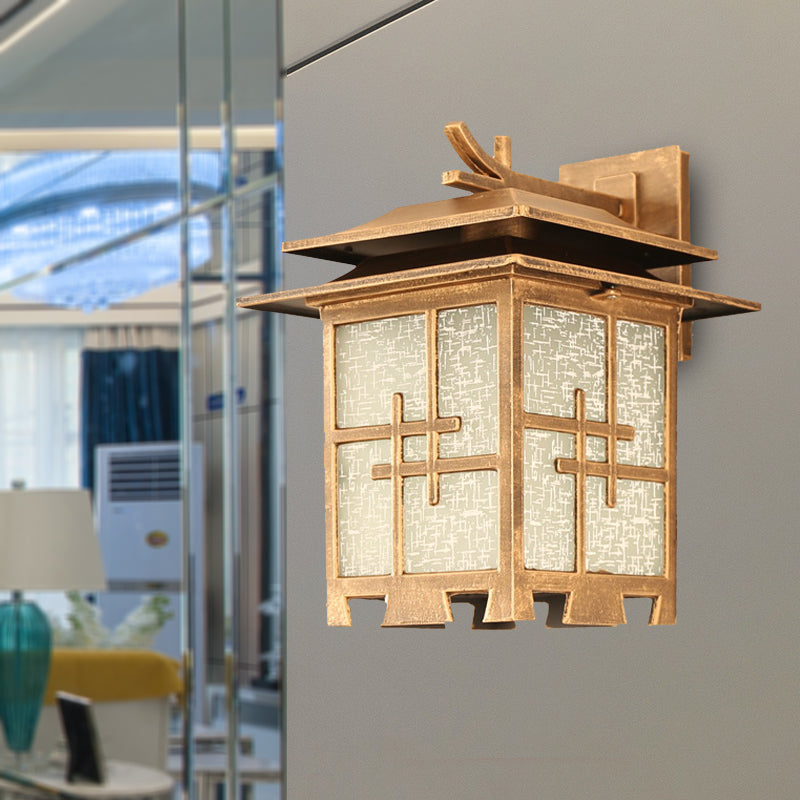 1 Light Sconce Light Fixture Farmhouse Outdoor Wall Lamp with Square Textured Glass Shade in Brass/Black