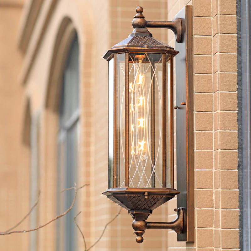 Lodges Rectangle Wall Sconce 1-Head Clear Glass Wall Mounted Lighting in Brass with Double Arm