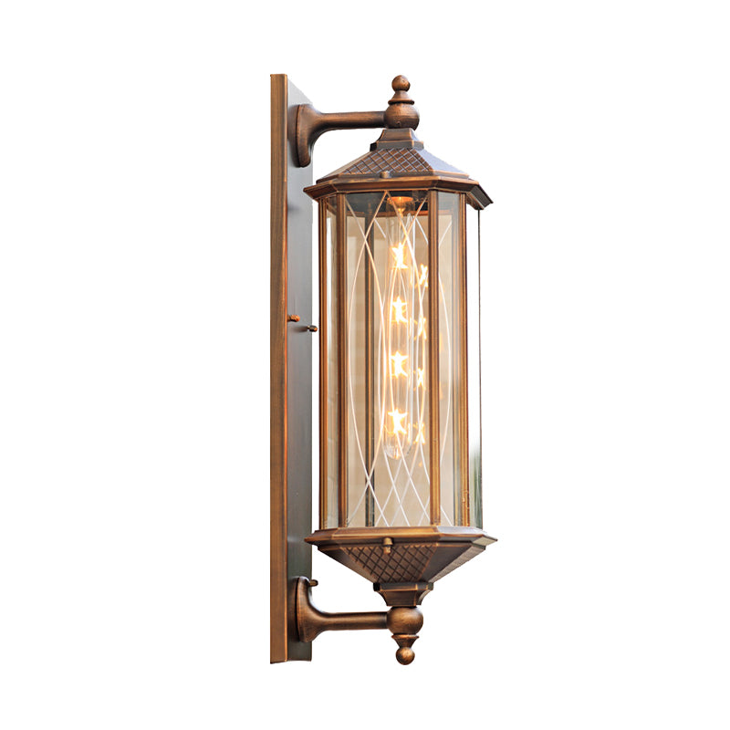 Lodges Rectangle Wall Sconce 1-Head Clear Glass Wall Mounted Lighting in Brass with Double Arm