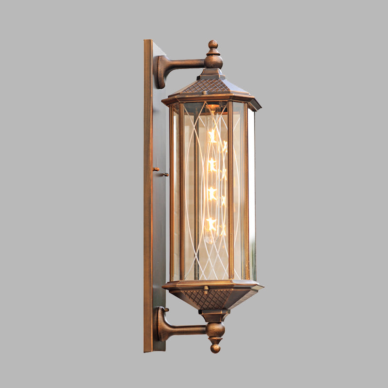 Lodges Rectangle Wall Sconce 1-Head Clear Glass Wall Mounted Lighting in Brass with Double Arm