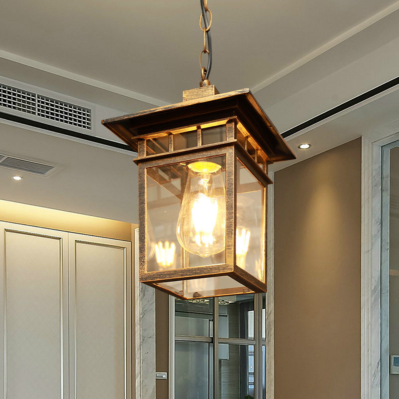 1 Head Lantern Pendant Light Farmhouse Brass/Black Finish Clear Glass Ceiling Hang Fixture for Passage