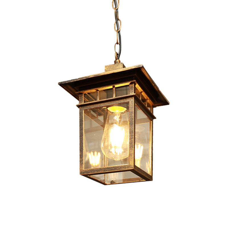 1 Head Lantern Pendant Light Farmhouse Brass/Black Finish Clear Glass Ceiling Hang Fixture for Passage