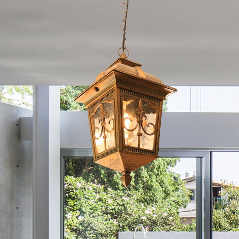 Metallic Lantern Hanging Light Lodges 1 Bulb Balcony Pendant Lamp in Black/Gold with Water Glass Shade