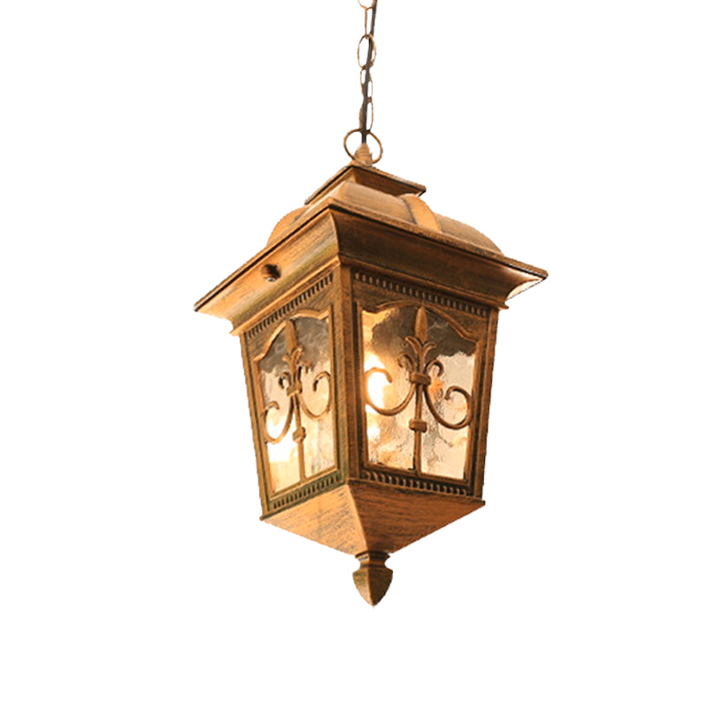 Metallic Lantern Hanging Light Lodges 1 Bulb Balcony Pendant Lamp in Black/Gold with Water Glass Shade