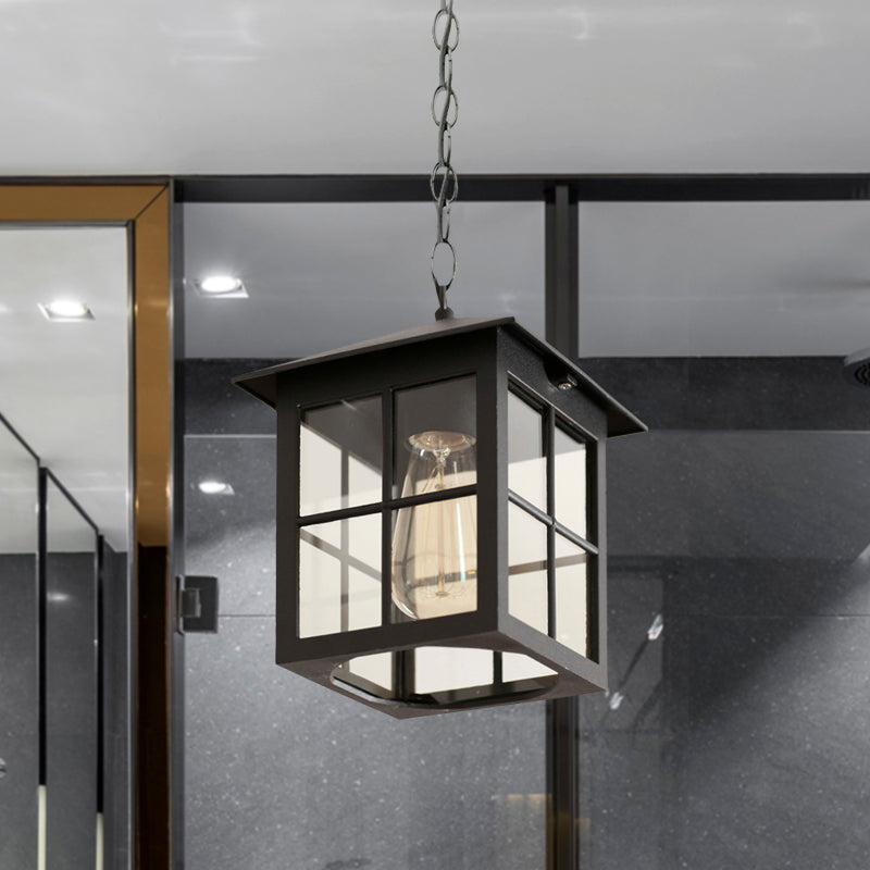 Cuboid Clear Glass Hanging Light Farmhouse 1 Bulb Courtyard Pendulum Lamp in Black/Bronze