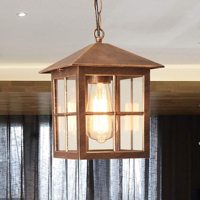 Cuboid Clear Glass Hanging Light Farmhouse 1 Bulb Courtyard Pendulum Lampada in nero/bronzo