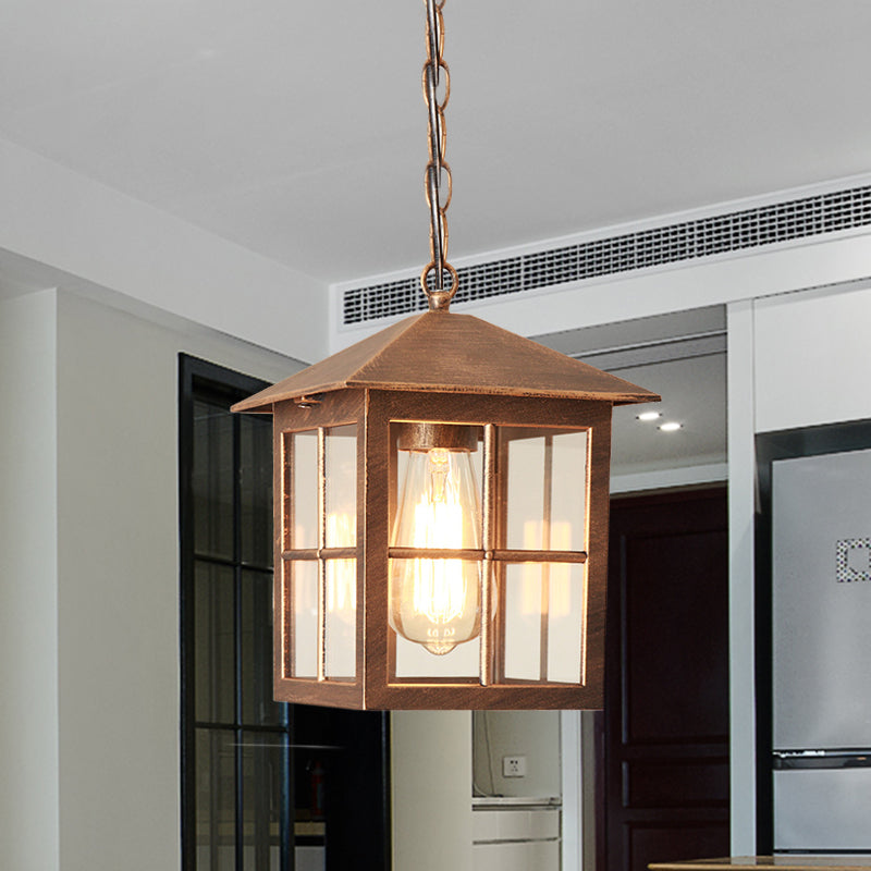 Cuboid Clear Glass Hanging Light Farmhouse 1 Bulb Courtyard Pendulum Lamp in zwart/brons