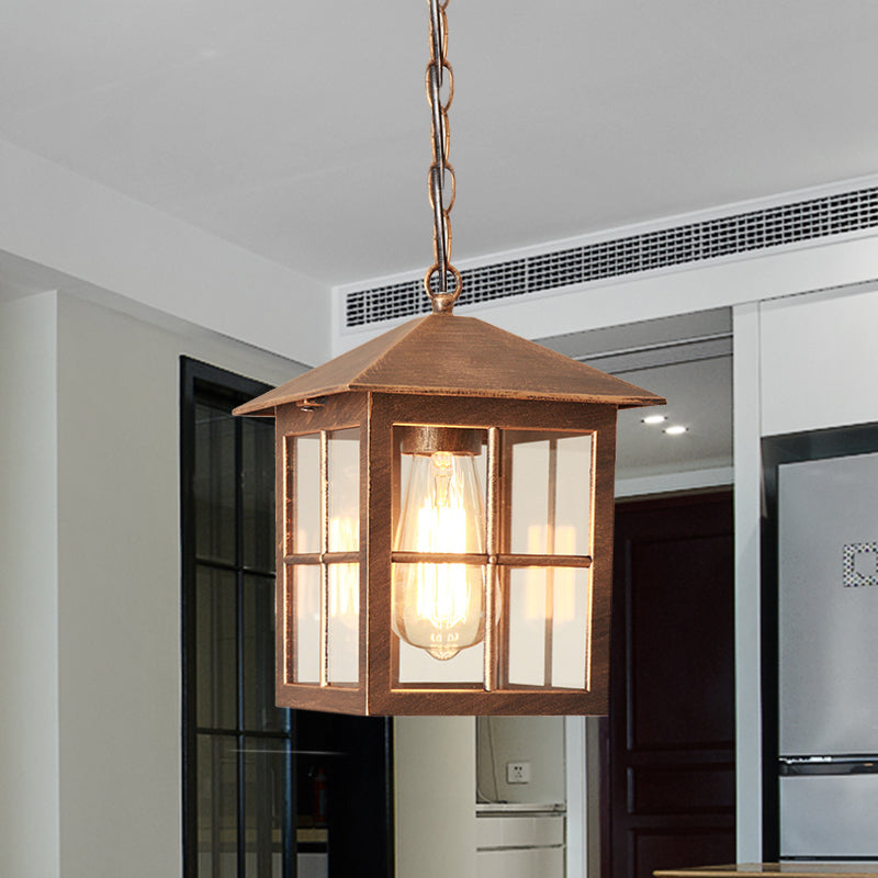 Cuboid Clear Glass Hanging Light Farmhouse 1 Bulb Courtyard Pendulum Lampada in nero/bronzo