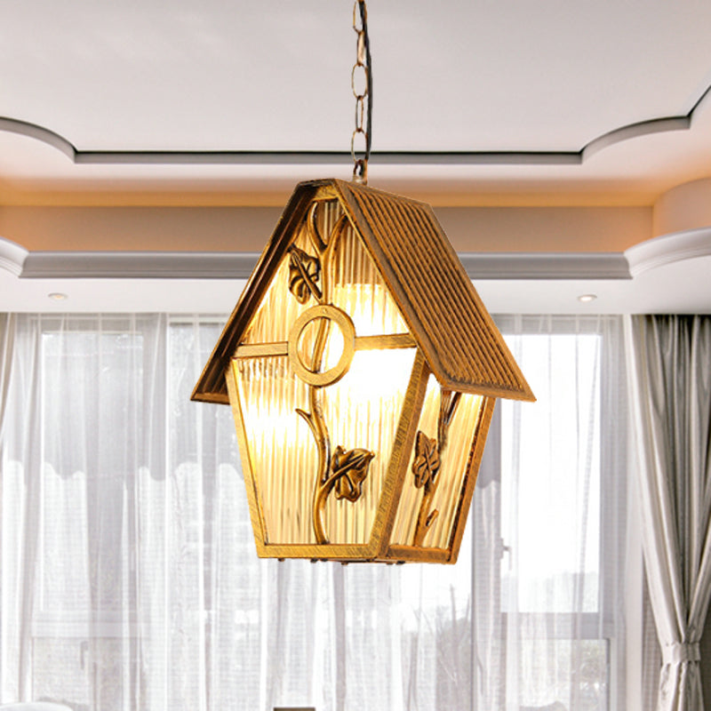 Kit di luce appesa in ottone in alluminio forma casa a 1-bulba lampada sospensione del soffitto in campagna con tonalità di vetro trasparente/smerigliata/a coste
