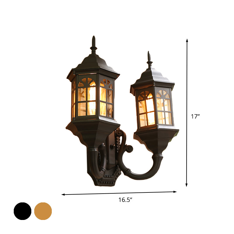 Lodges Castle Sconce Lámpara de pared de aluminio de 2 luces en negro/latón con brazo curvado doble