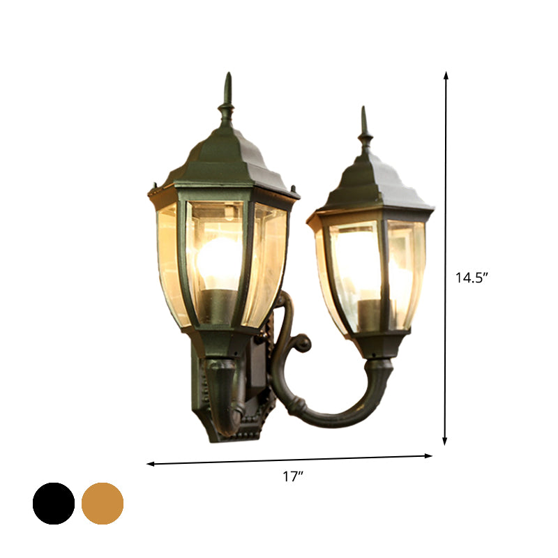 Brass/Black 2 Bulbs Wall Mounted Lighting Farmhouse Clear Glass Acorn Sconce Lamp with Curved Arm