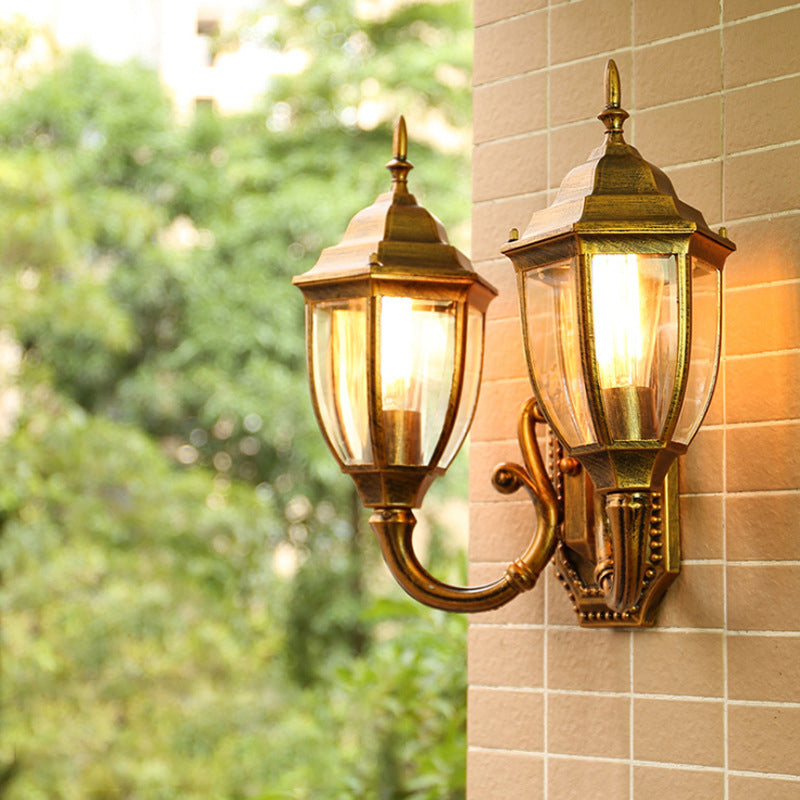 Brass/Black 2 Bulbs Wall Mounted Lighting Farmhouse Clear Glass Acorn Sconce Lamp with Curved Arm