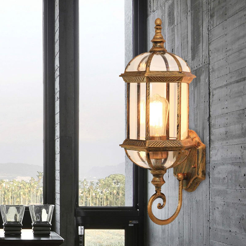 Clear Glass Birdcage Wall Sconce Country 1 Bulb Outdoor Wall Mounted Light in Black/Brass with Twisted Arm