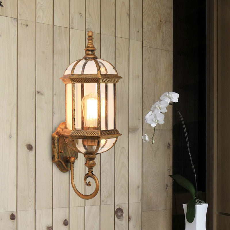 Clear Glass Birdcage Wall Sconce Country 1 Bulb Outdoor Wall Mounted Light in Black/Brass with Twisted Arm