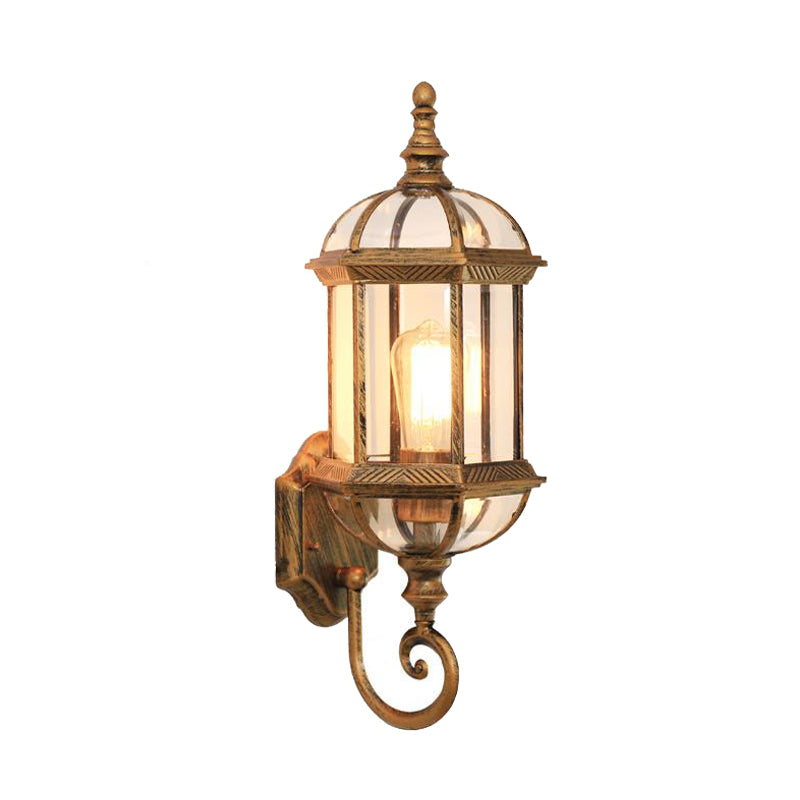 Clear Glass Birdcage Wall Sconce Country 1 Bulb Outdoor Wall Mounted Light in Black/Brass with Twisted Arm