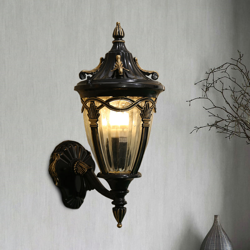 1 Bulb Urn Wall Sconce Light Loft Brass/Black Metal Wall Lamp Fixture with Clear Ribbed Glass Shade