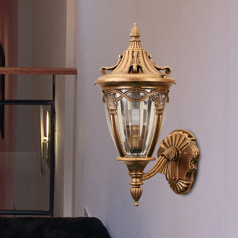 1 Bulb Urn Wall Sconce Light Loft Brass/Black Metal Wall Lamp Fixture with Clear Ribbed Glass Shade