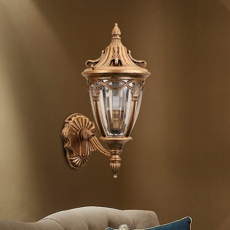 1 Bulb Urn Wall Sconce Light Loft Brass/Black Metal Wall Lamp Fixture with Clear Ribbed Glass Shade