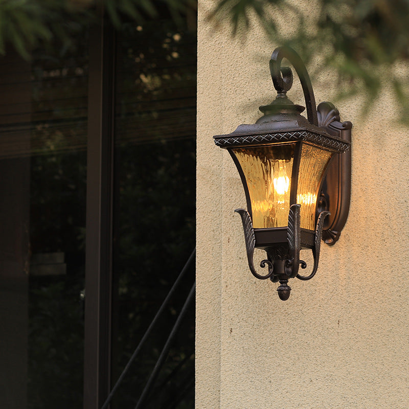 1 Bulb Aluminum Wall Sconce Country Dark Coffee Lantern Outdoor Wall Lamp with Water Glass Shade