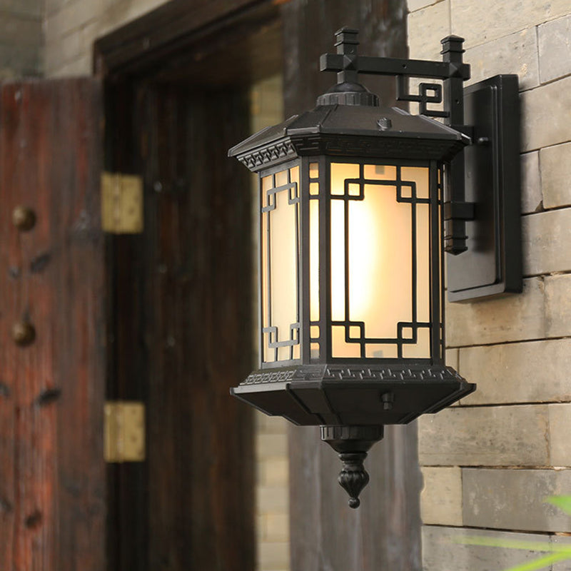 Black 1-Head Wall Sconce Lighting Country Opal Glass Pavilion Wall Mounted Lamp for Passage