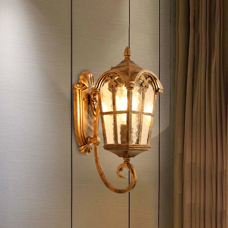 Farmhouse Lantern Sconce Lamp 1-Light Metallic Wall Light Fixture in Black/Brass with Water Glass Shade