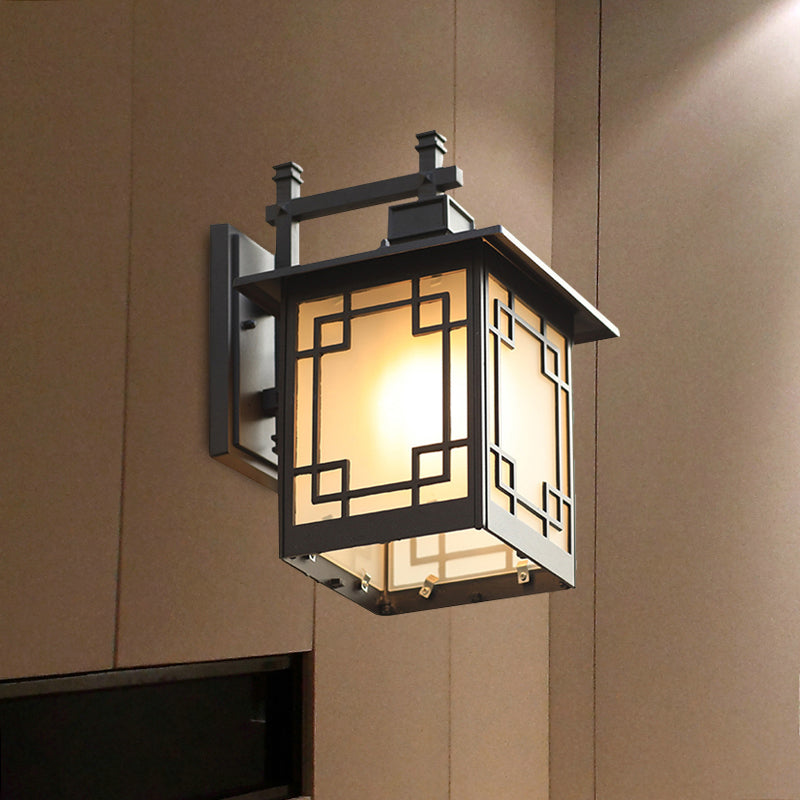 1-Head Open Bottom Sconce Light Country Brass/Black Finish Opal Frosted Glass Wall Mounted Lamp Fixture