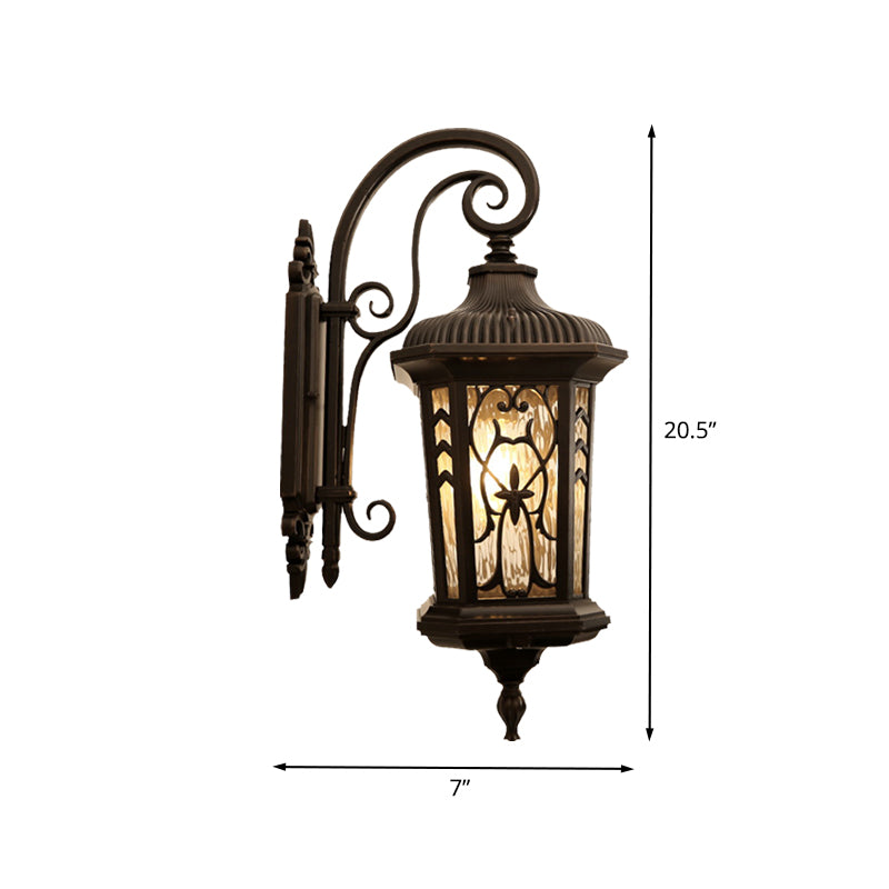 1-Head Wall Sconce Lighting Country Lantern Metallic Wall Mounted Lamp in Black with Water Glass Shade