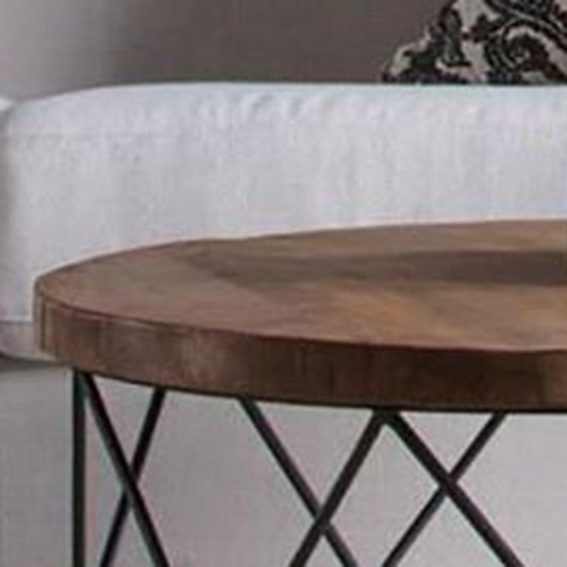 Contemporary Wooden Top Round Coffee Table with Black Metal Frame Base