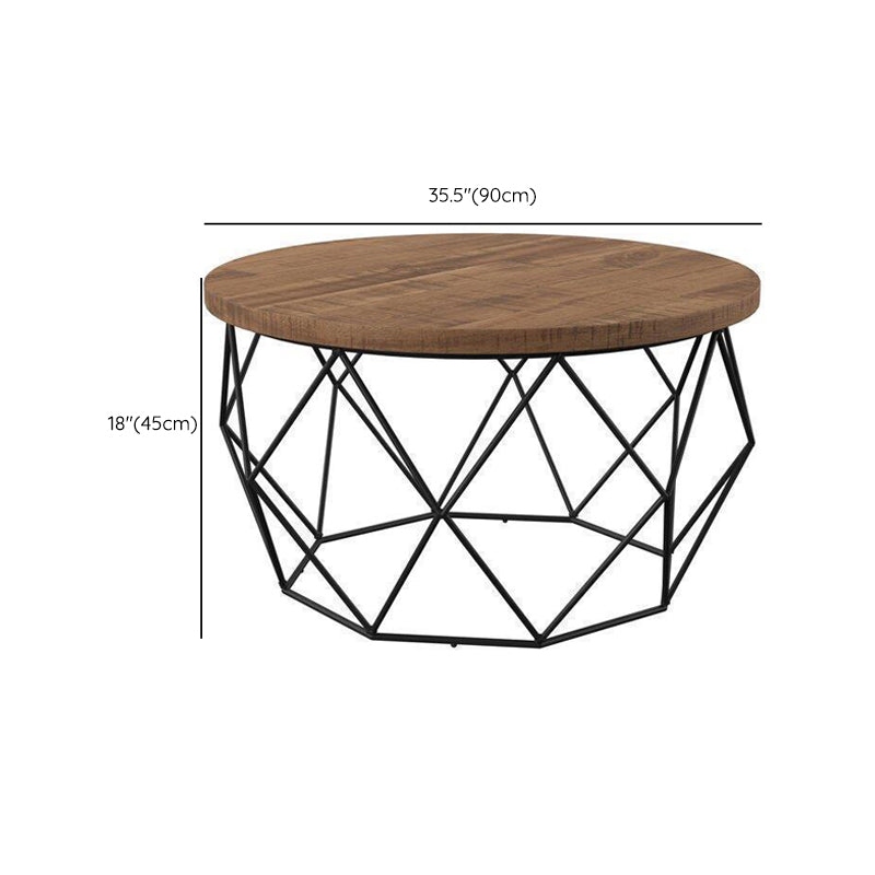 Contemporary Wooden Top Round Coffee Table with Black Metal Frame Base