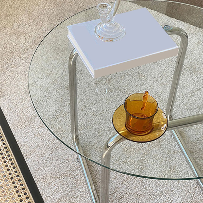 Contemporary Round Glass Top Cocktail Table with Sled Steel Base