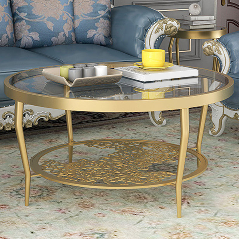 Contemporary Round Glass Top Coffee Table with Iron 4 Legs and Shelf