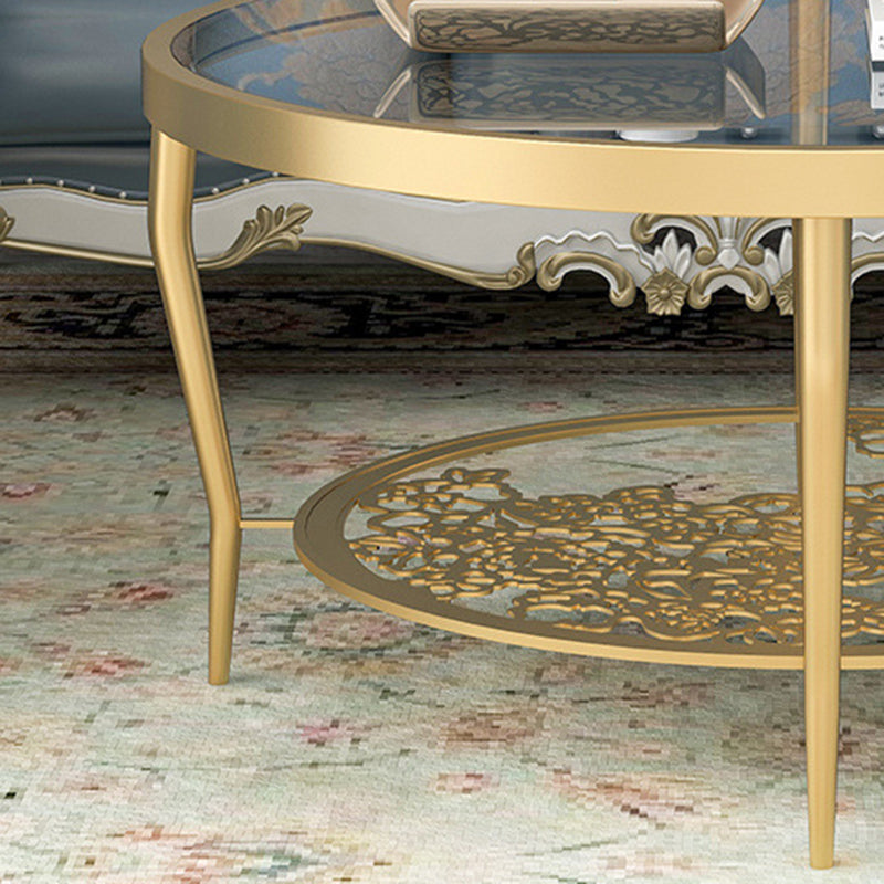 Contemporary Round Glass Top Coffee Table with Iron 4 Legs and Shelf