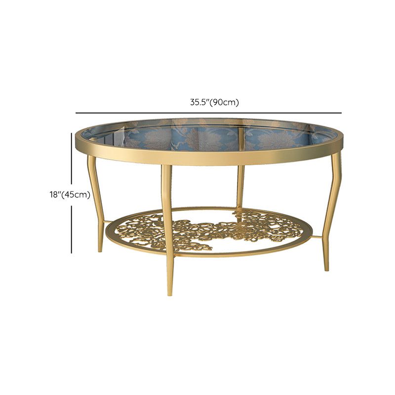 Contemporary Round Glass Top Coffee Table with Iron 4 Legs and Shelf