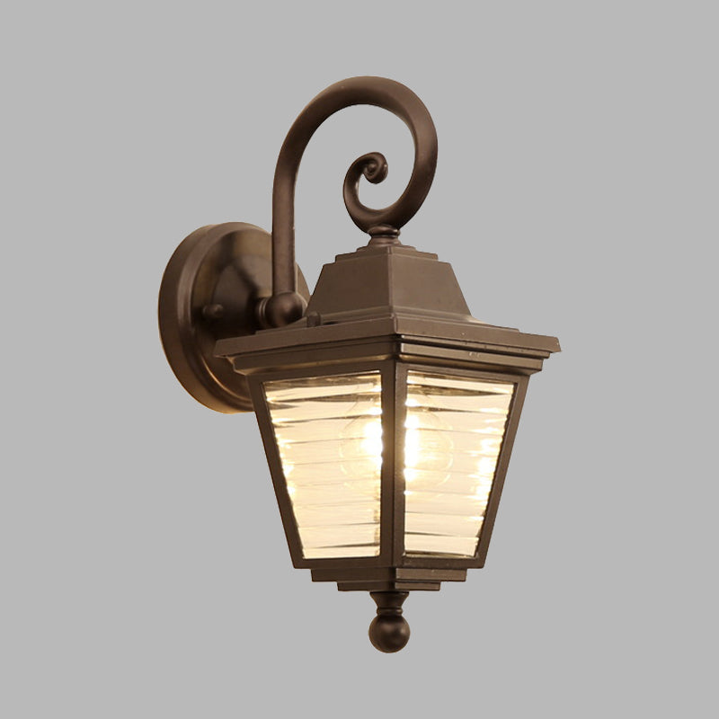 1 Light Wall Mount Lamp Rustic Outdoor Sconce Lighting with Glacier Prismatic Glass Shade in Black